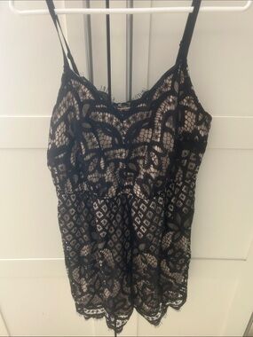 Black Lace Overlay Nude Slip Camisole Romper